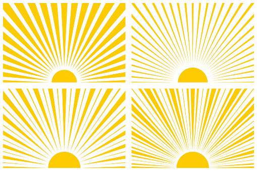 Set of rectangular patterns with sun and sunburst. Vector yellow backgrounds.