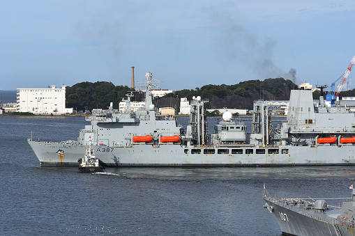 Kanagawa, Japan - August 23, 2021:Royal Navy RFA Fort Victoria (A387), Fort Victoria-class replenishment oiler entering the Yokosuka Port.
