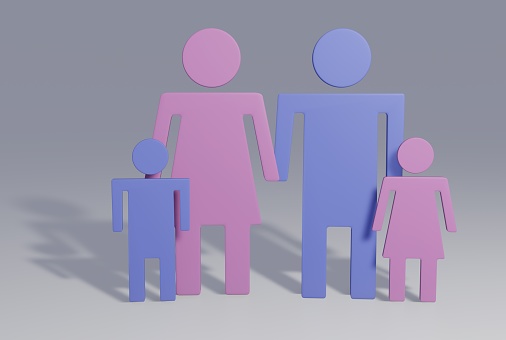 3D render of a family of four made out of pink and blue bathroom sign style stick figures