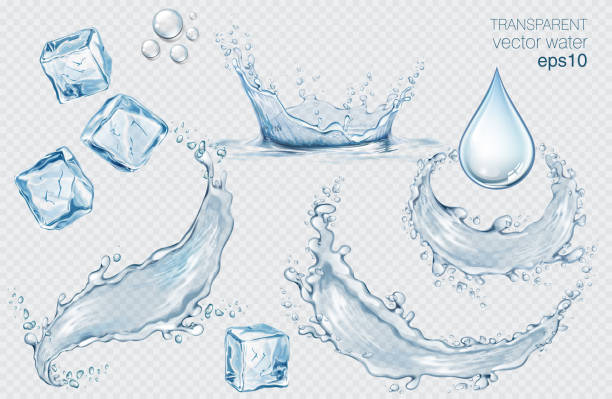 ilustraciones, imágenes clip art, dibujos animados e iconos de stock de conjunto de salpicaduras de agua vectoriales azules, gotas y cubitos de hielo. ilustración vectorial aislada transparente realista - estados de agua