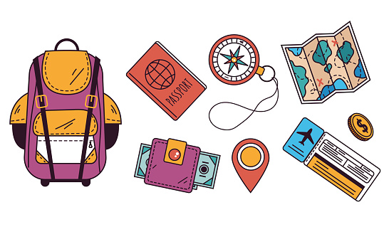 Travel tourist accessories line art doodle style design illustration set collections