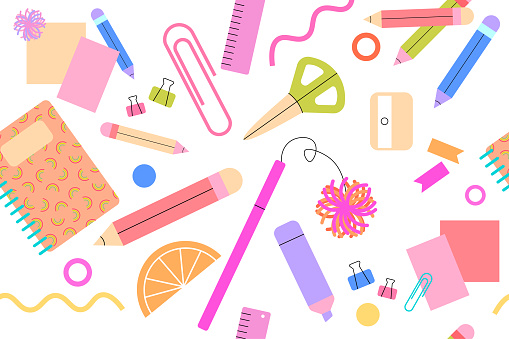 Colorful vector illustration of school supplies, seamless pattern on a white background. Cartoonish and fun. Pastel colors, back to school concept.