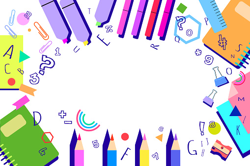 Vector illustration of colorful background with school supplies on a white background.