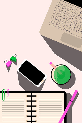 Vector illustration of a modern student's desk. Studying and learning. Laptop, mobile phone, technology. Green shake, notebook, pink pen, strong shadows.