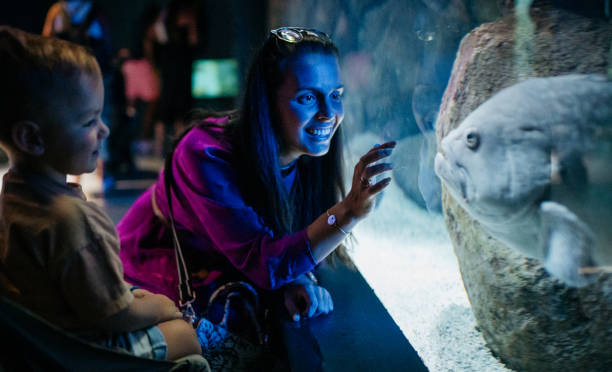 Mother and her child watching sea life