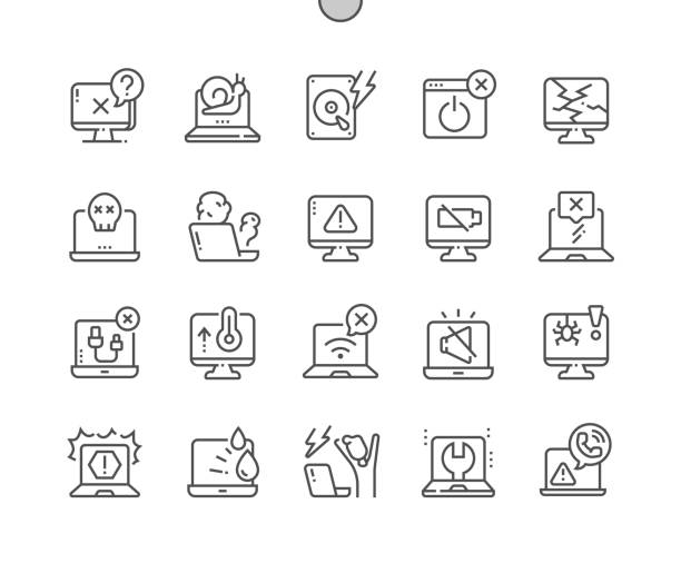 illustrations, cliparts, dessins animés et icônes de problèmes informatiques. pas de charge et de surchauffe. service technique pour ordinateur portable. icônes de ligne mince vectorielle parfaite au pixel près. pictogramme minimal simple - état de surchauffe