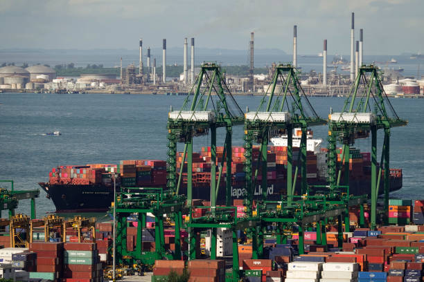 Singapore container port with Jurong Island in the backgrouond stock photo