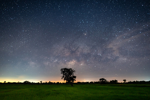 Milky way with stars over rice field.with grain and select white balance.White clouds obscured and disturbed.
