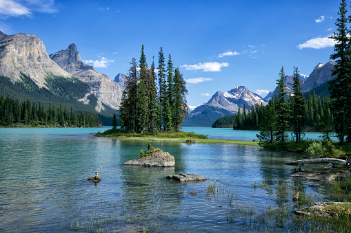 Late summer afternoon at Emerald Lake in Yoho National Park, British Columbia, Canada. Emerald Lake is a major tourism destination in the Canadian Rockies.