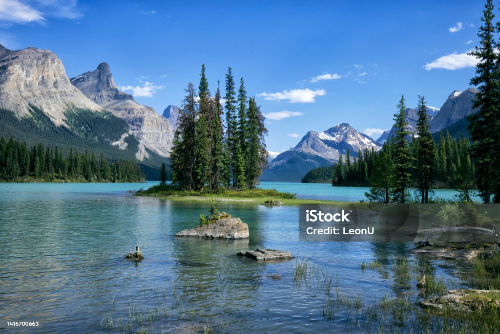 Spirit Island at Maligne Lake in summer, Jasper National Park, AB, Canada Canada Stock Photo