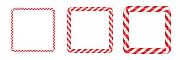 ilustrações de stock, clip art, desenhos animados e ícones de christmas candy cane square frame with red and white striped. xmas border with striped candy lollipop pattern. blank christmas and new year template. vector illustration isolated on white background - candy cane christmas candy frame