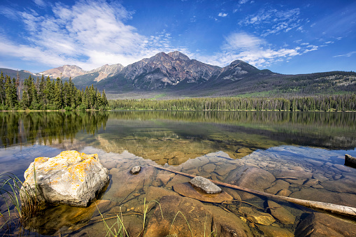 Pyramid Lake and Pyramid Mountain in summer, Jasper National Park, AB, Canada