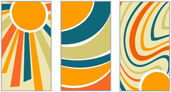 Set of card templates in vintage 1970 retro style. Vector illustration. Stylized sun with rays and abstract lines. For use in packaging, flyers and invitations, brochures and covers, themed parties, social networks.