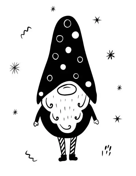 Vector illustration of Cute gnome in black and white color. Vector sketch illustration