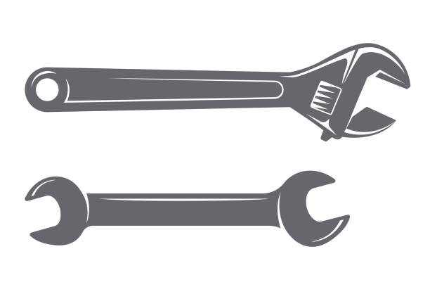 ilustraciones, imágenes clip art, dibujos animados e iconos de stock de icono de herramienta llave inglesa y llave ajustable. ilustración vectorial moderna - wrench