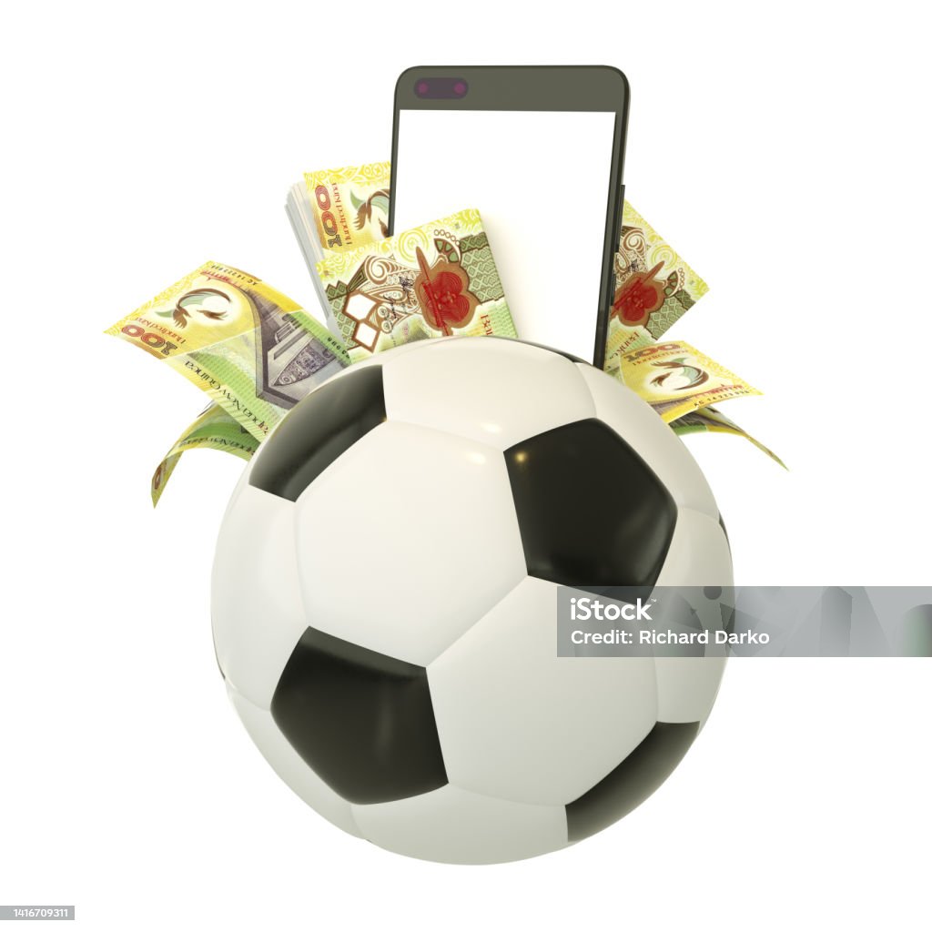 3d rendering of Papua New Guinean kina notes and phone behind soccer ball. Sports betting, soccer betting concept isolated on white background. mockup Applying Stock Photo