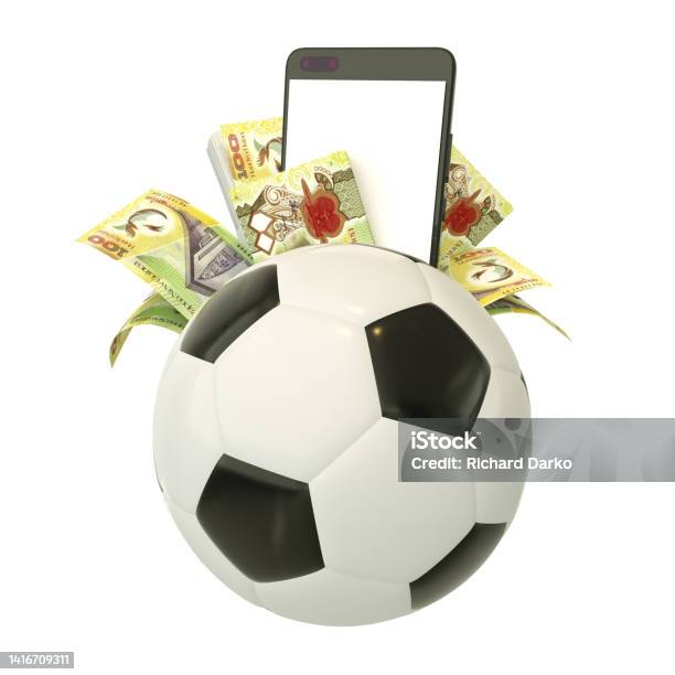 3d Rendering Of Papua New Guinean Kina Notes And Phone Behind Soccer Ball Sports Betting Soccer Betting Concept Isolated On White Background Mockup Stock Photo - Download Image Now