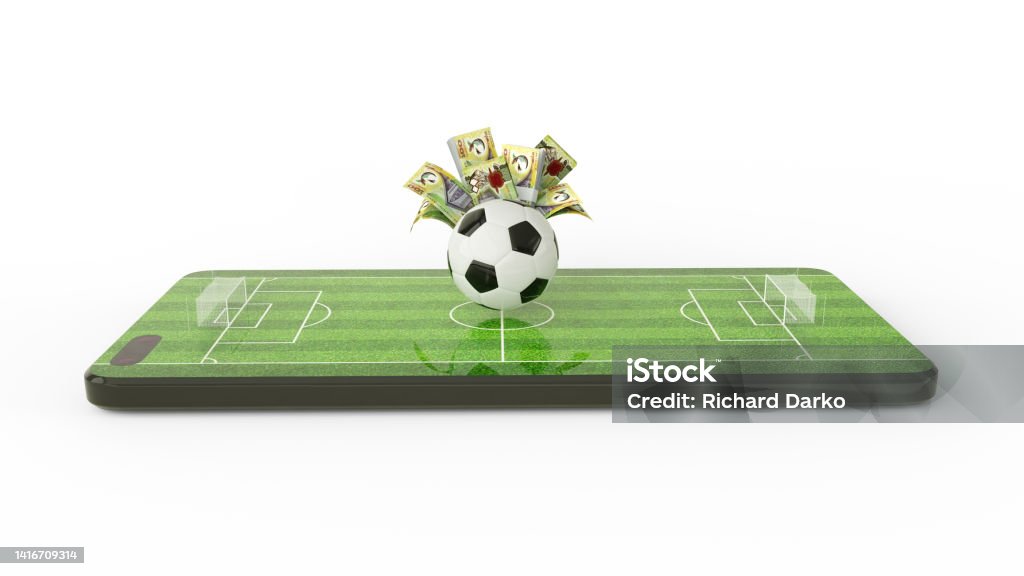 3d rendering of Mobile phone Soccer betting. Football and Papua New Guinean kina notes on phone screen. Soccer field on smartphone screen isolated on white background. bet and win concept Color Image Stock Photo