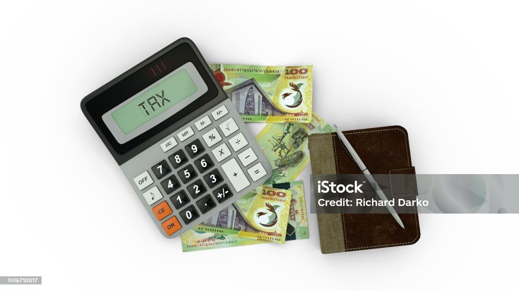 3D rendering of an isolated composition of Papua New Guinean kina notes, a calculator, a note book and a pen Banking Stock Photo