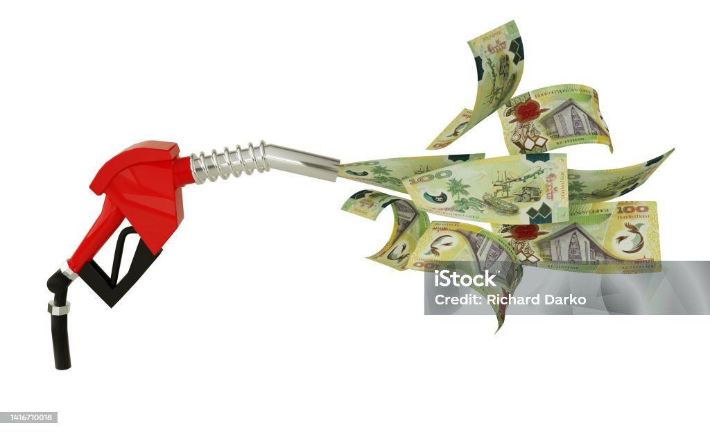 3d rendering of Papua New Guinean kina notes coming out from fuel pump. red fuel nozzle with kinas flying around Business Stock Photo
