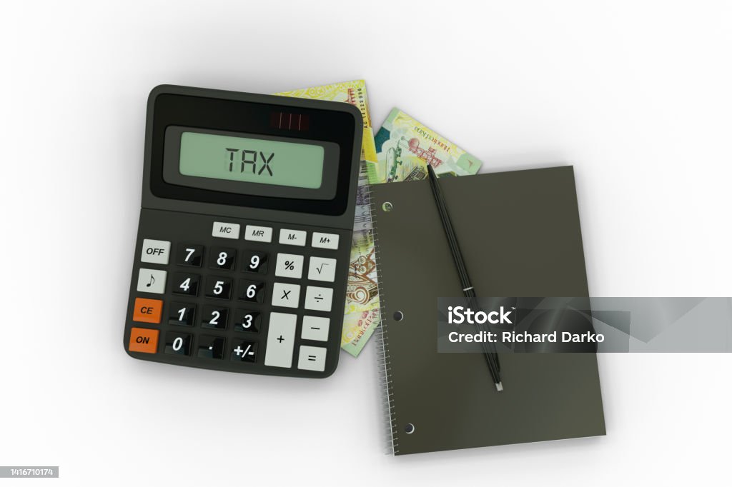 3D rendering of a composition of Papua New Guinean kina notes, a calculator, a note book and a pen isolated on white background. Tax background design concept Accountancy Stock Photo