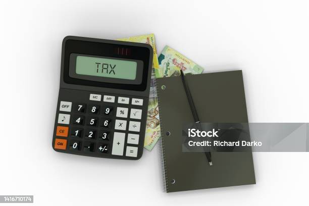 3d Rendering Of A Composition Of Papua New Guinean Kina Notes A Calculator A Note Book And A Pen Isolated On White Background Tax Background Design Concept Stock Photo - Download Image Now