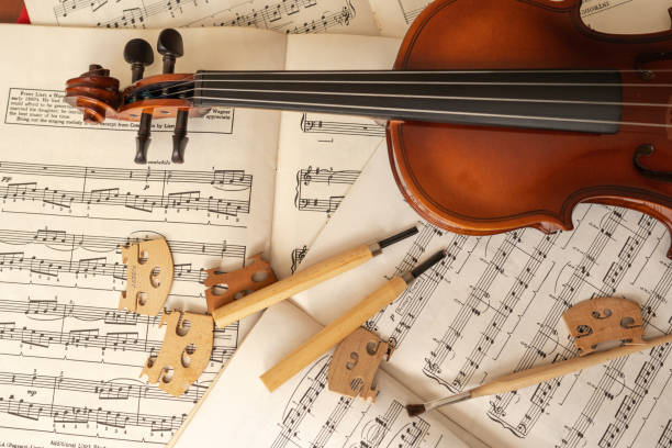 istock Violin on top of sheet music in a workshop 1416713964