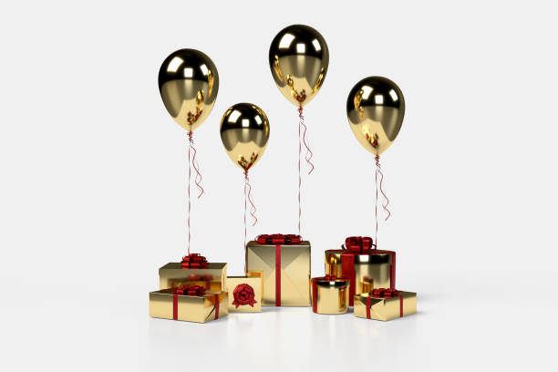 istock Gift box with balloon on background. Anniversary, celebration concept idea. 3D rendering 1416714175