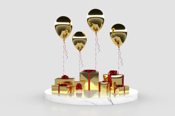istock Gift box with balloon on background. Anniversary, celebration concept idea. 3D rendering 1416714191