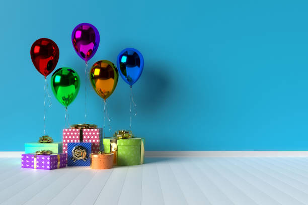 istock Gift box with balloon on background. Anniversary, celebration concept idea. 3D rendering 1416714192