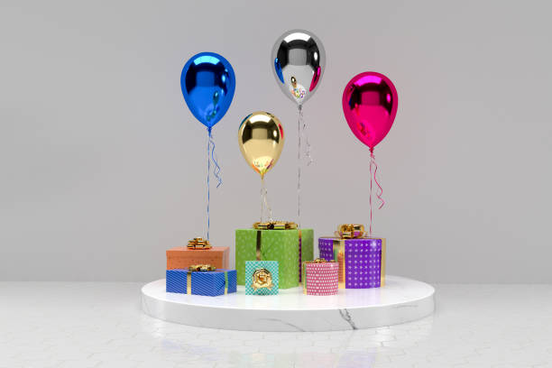 istock Gift box with balloon on background. Anniversary, celebration concept idea. 3D rendering 1416714198