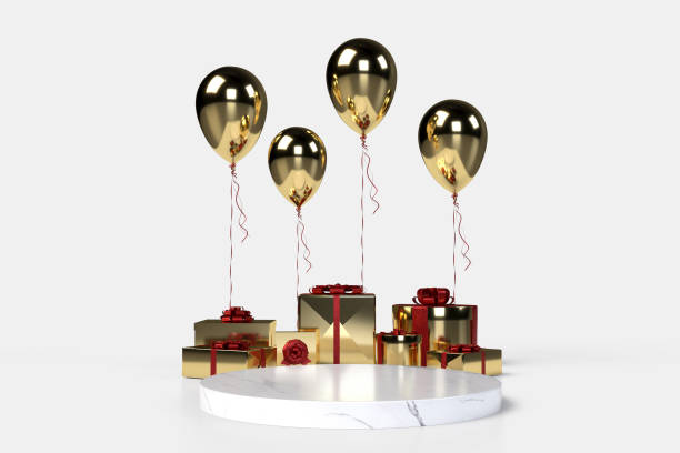 istock Gift box with balloon on background. Anniversary, celebration concept idea. 3D rendering 1416714200