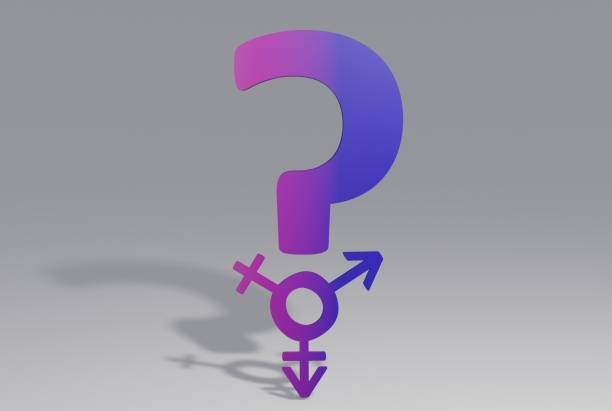 Gender Identity and Ambiguity 3D render of a question mark and sexuality symbol role reversal stock pictures, royalty-free photos & images