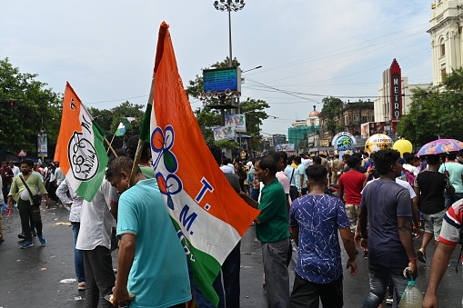 Kolkata, West Bengal, India - 21st July 2022 : All India Trinamool Congress Party, AITC or TMC, at Ekushe July, Shadid Dibas, Martyrs day rally. Party supporters gathering at Esplanade, Dharmatala.
