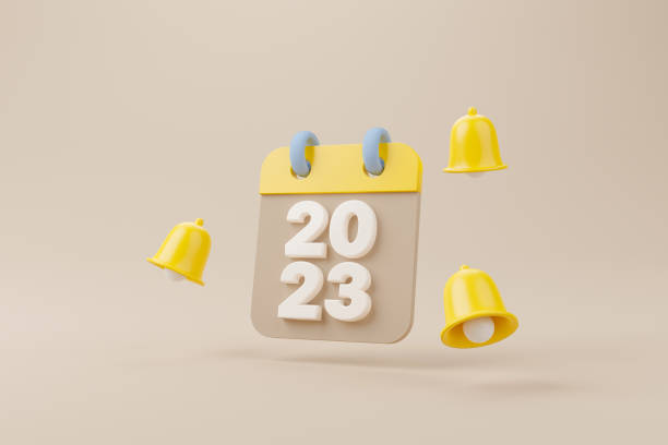istock New year resolution 2023. Yellow notification bell ringing and calendar deadline on brown background. 3d rendering illustration 1416740112