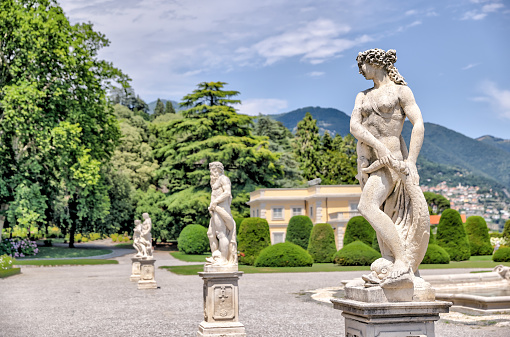 Lake Como, Italy - July 4, 2022: The public grounds and gardens of Villa Olmo on the shores of Lake Como, Italy
