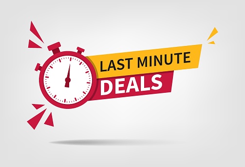 last minute deal button, flat label flag sign, alarm clock countdown logo illustration