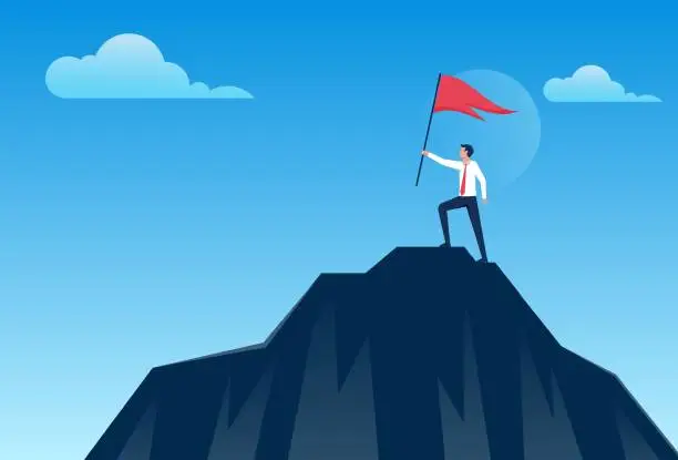 Vector illustration of Businessman holding up success flag on top of mountain. Business, Success, Leadership, Achievement, People successful career concept vector illustration