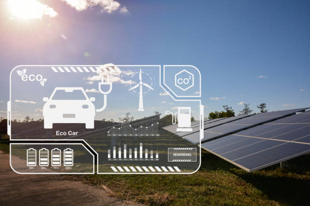 istock solar panels on sunny day with environment Icons for charging electric car 1416743696