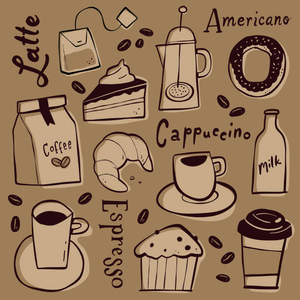 ilustrações de stock, clip art, desenhos animados e ícones de coffee shop doodles - cup coffee pot coffee coffee cup