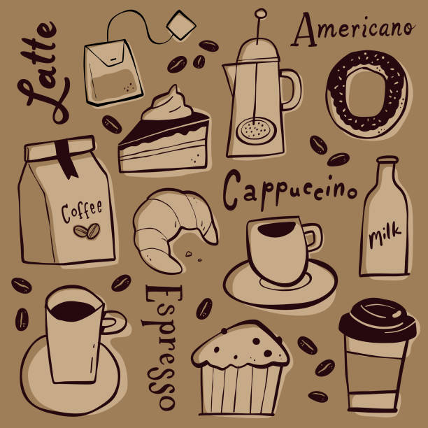 Coffee Shop Doodles Cartoon style coffee related drawings including coffee cups, pastries, beans, text, and more baked pastry item stock illustrations