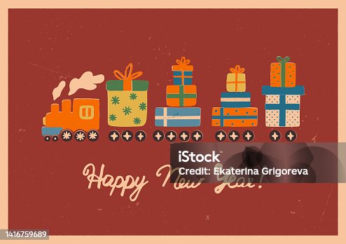 istock A cute retro locomotive engine, the steam train delivers presents, gift boxes with bows and ribbons. Christmas, Happy New Year greeting card in vintage style. Vector hand-drawn illustration. 1416759689