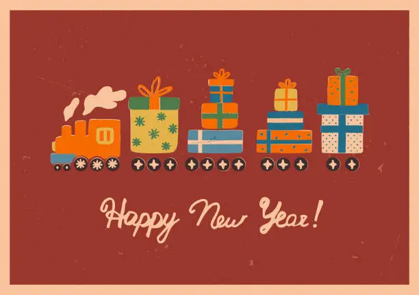 Vector illustration of A cute retro locomotive engine, the steam train delivers presents, gift boxes with bows and ribbons. Christmas, Happy New Year greeting card in vintage style. Vector hand-drawn illustration.