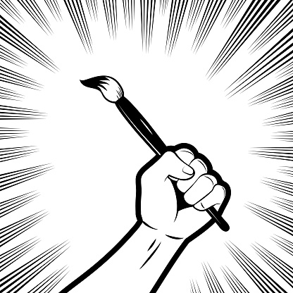 Design Vector Art Illustration.
An original illustration of a firm fist holding a paintbrush (brush pen) in a vintage propaganda style, with a background with comic effects lines.