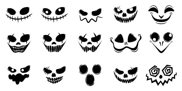 horror und gruselige gesichter halloween vektor set silhouette - jester joker clown silhouette stock-grafiken, -clipart, -cartoons und -symbole