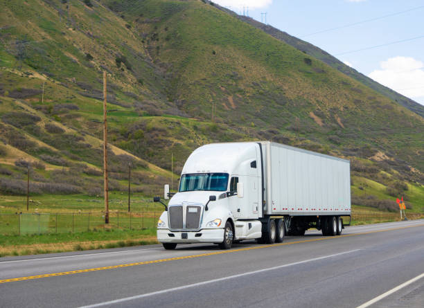 istock White semi-truck transporting goods 1416769801
