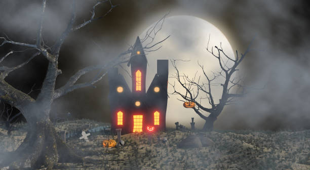 istock full moon night at grave with black castle, halloween poster design 1416772763