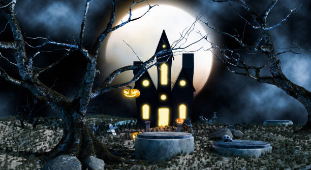 istock full moon night at grave with black castle, halloween poster design 1416772767