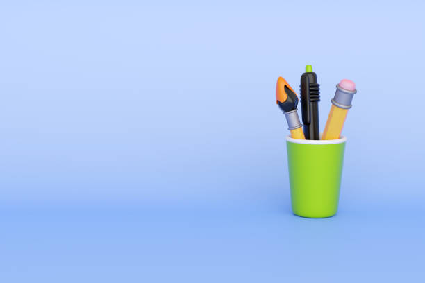 istock School writing accessories in cup in cartoon style. 1416774321