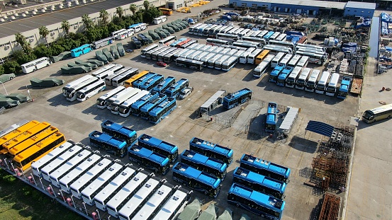 Electric bus factory, outdoor parking lot